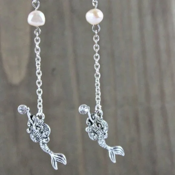 Hand crafted Fresh Water Pearl & Mermaid Dangle Earrings - Picture 3 of 6
